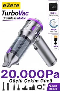 TurboVac 20000pa Güçlü Dijital Göstergeli Vakumlu Kablosuz Üflemeli Mini Araç İçi Süpürge